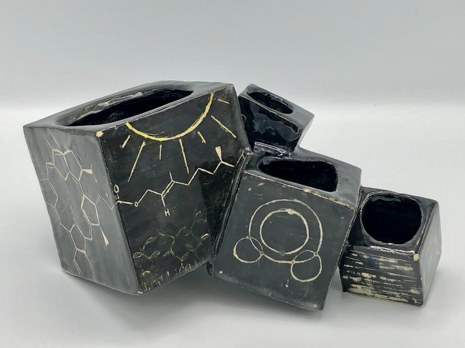Ceramic Cube planters with photosynthesis chemical equation on the outside (Fall 2020)